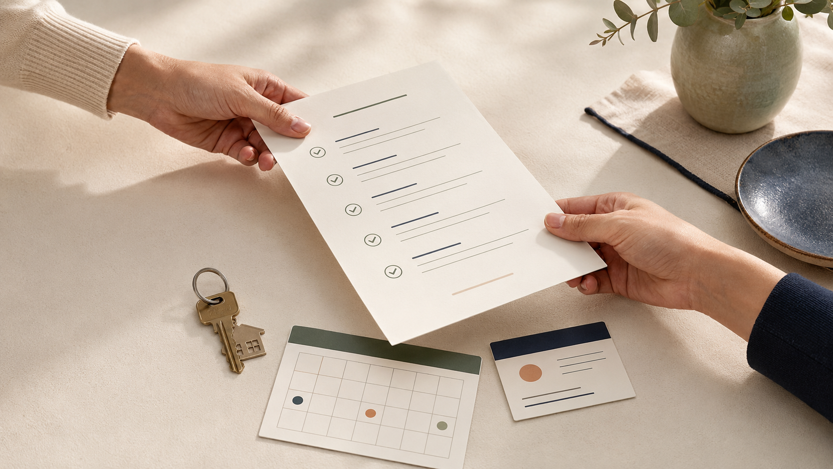 A calm household handoff checklist beside a key, calendar, and contact card